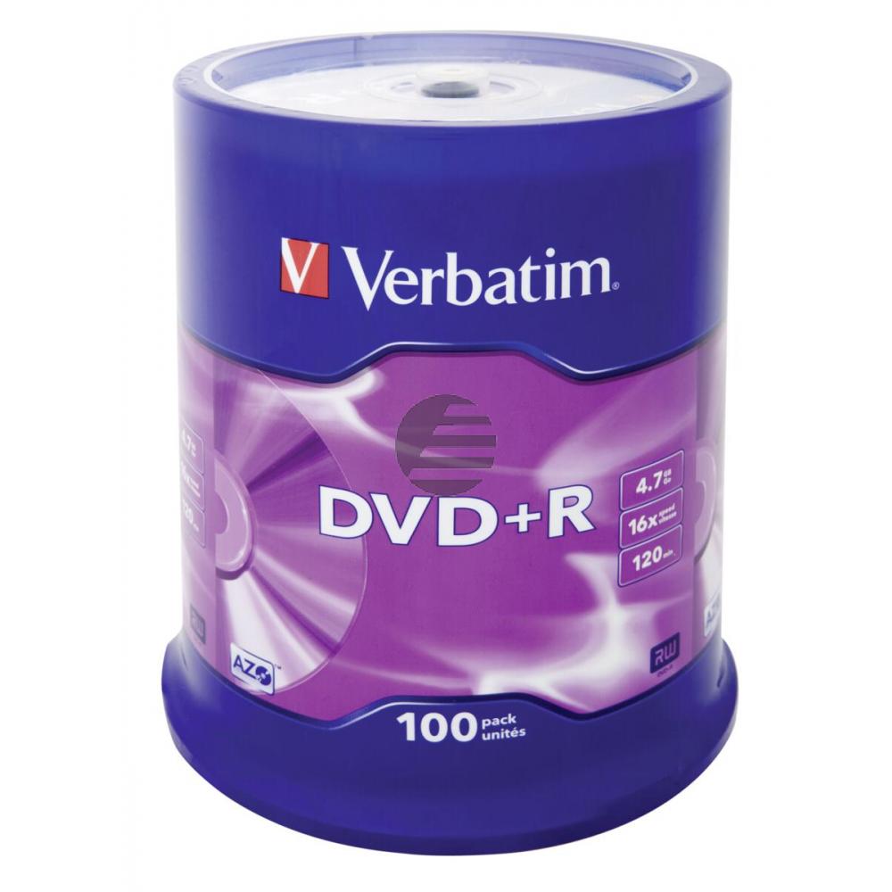 VERBATIM DVD+R 4.7GB 16x (100) SP 43551 Spindel matt silber VERBATIM DVD+R 4.7GB 16x (100) SP 43551 Spindel matt silber