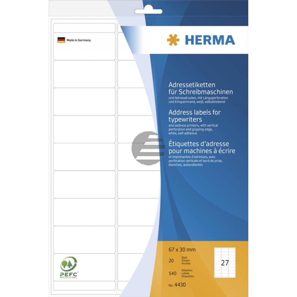 Herma Adressetiketten A4 weiß 67 x 30 mm Papier matt Inh.540 für Schreibmaschinen Herma Adressetiketten A4 weiß 67 x 30 mm Papier matt Inh.540 für Schreibmaschinen