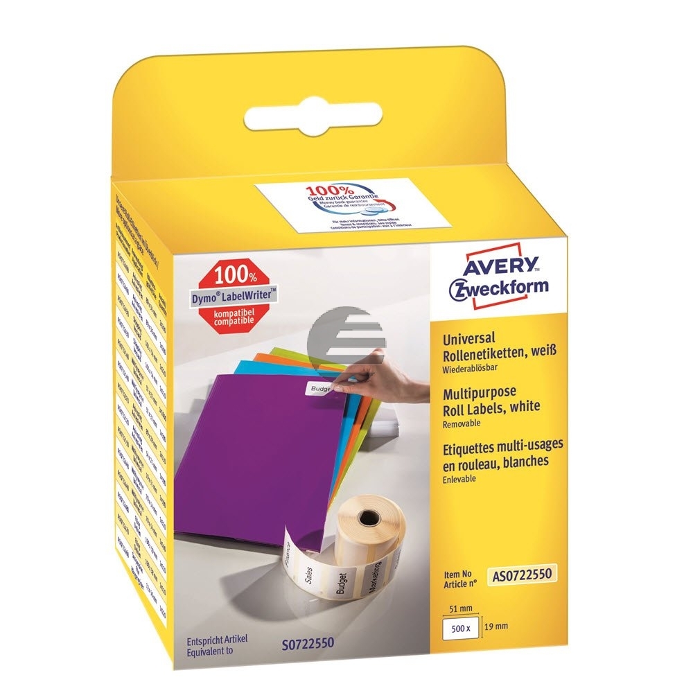AVERY ZW. Universal-Etiketten 19x51mm AS0722550 weiss, Rolle 500 STück