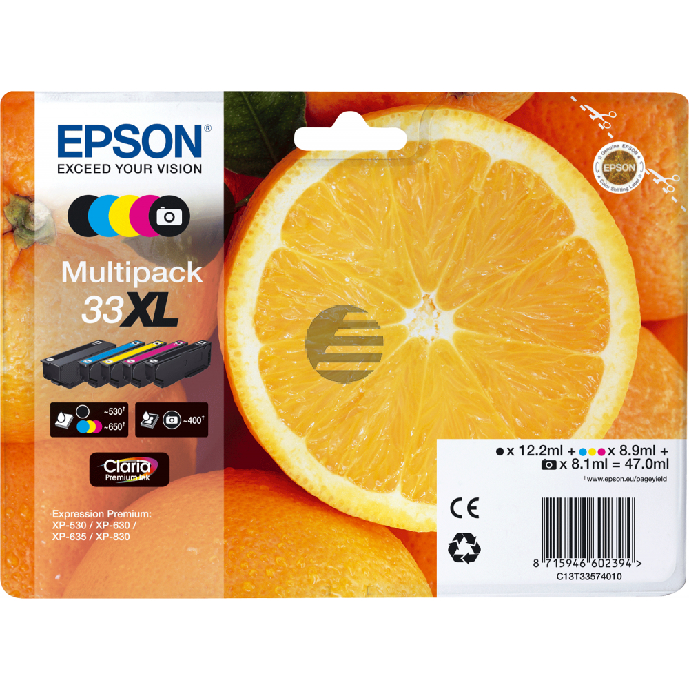 Epson Tintenpatrone gelb, magenta, photo schwarz, schwarz, cyan HC (C13T33574021, T3357)