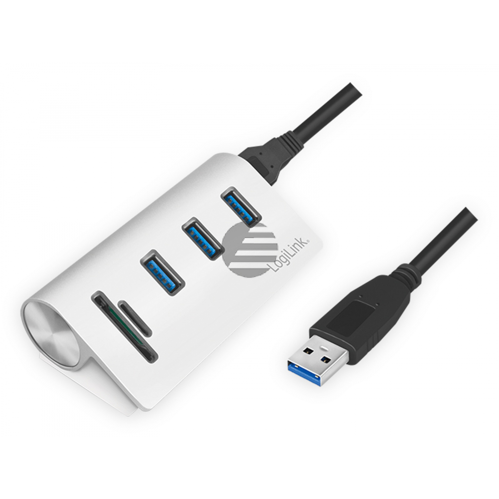 LogiLink USB 3.0 Hub, 3-Ports + Kartenleser, silber