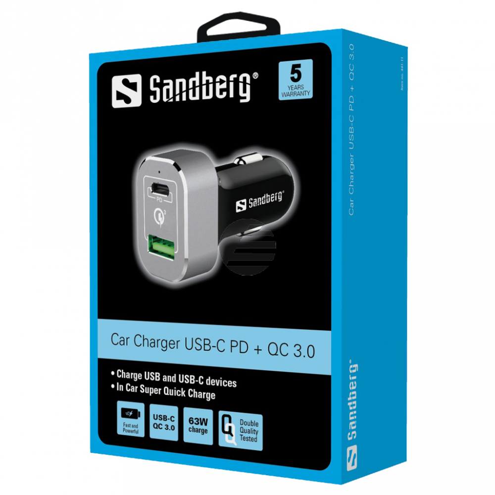 Sandberg Car Charger USB-C PD+QC3.0 63W