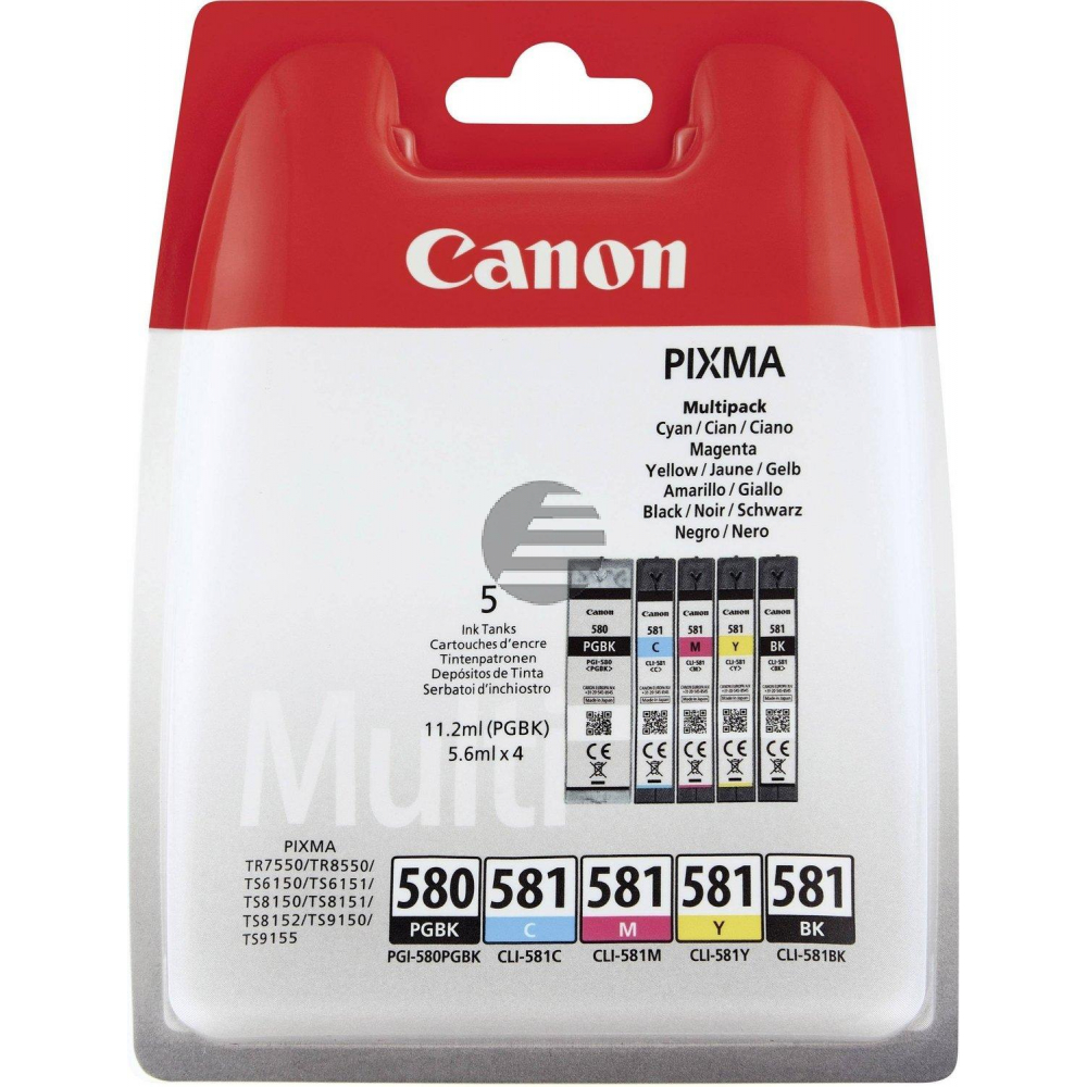 Canon Tintenpatrone gelb, magenta, photo schwarz, schwarz, cyan (2078C007, CLI-581BK, CLI-581C, CLI-581M, CLI-581Y, PGI-580PGBK)