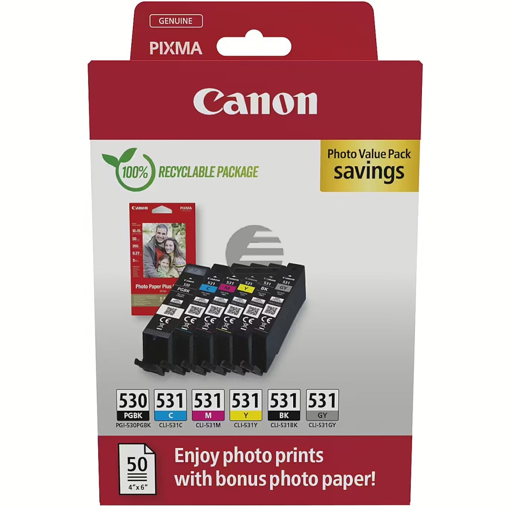 Canon Tintenpatrone + Papier gelb, magenta, photo schwarz, schwarz, cyan, grau (6117C004)