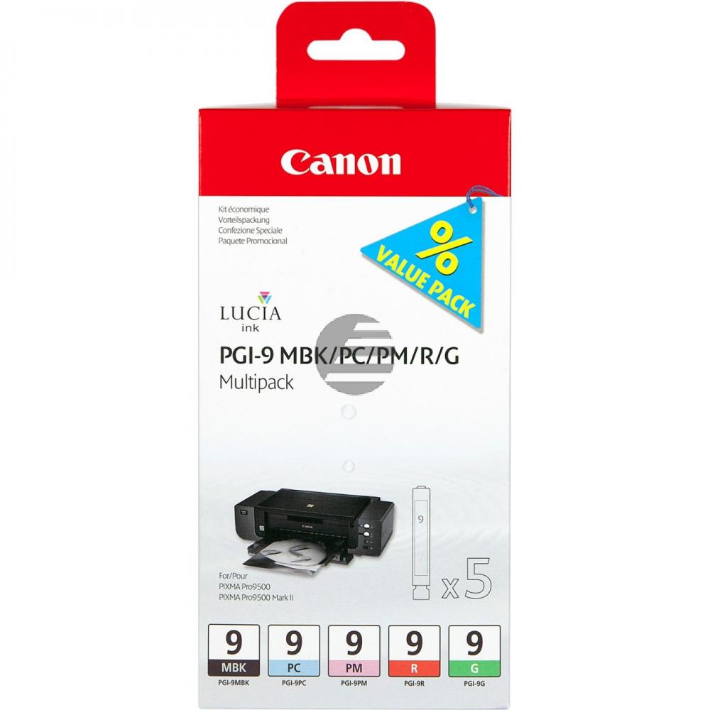 Canon Tintenpatrone rot, schwarz matt, photo magenta, photo cyan, grün (1033B013, PGI-9G, PGI-9MBK, PGI-9PC, PGI-9PM, PGI-9R) Canon Tintenpatrone rot, schwarz matt, photo magenta, photo cyan, grün (1033B013, PGI-9G, PGI-9MBK, PGI-9PC, PGI-9PM, PGI-9R)