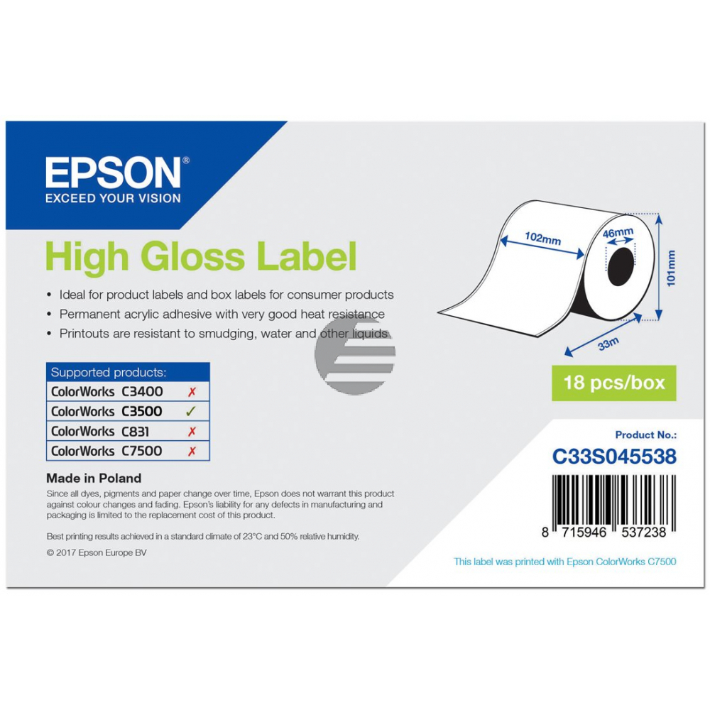 Epson High Gloss Etikettenrolle weiß 18 Stück (C33S045538)