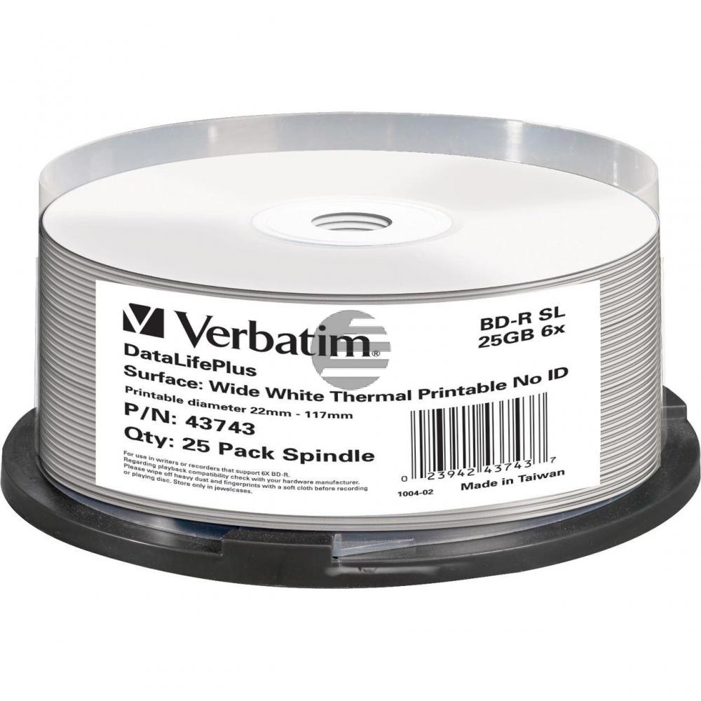 VERBATIM BD-R 25GB 6x (25) CB WEISS 43743 breit thermo bedruckbar keine ID