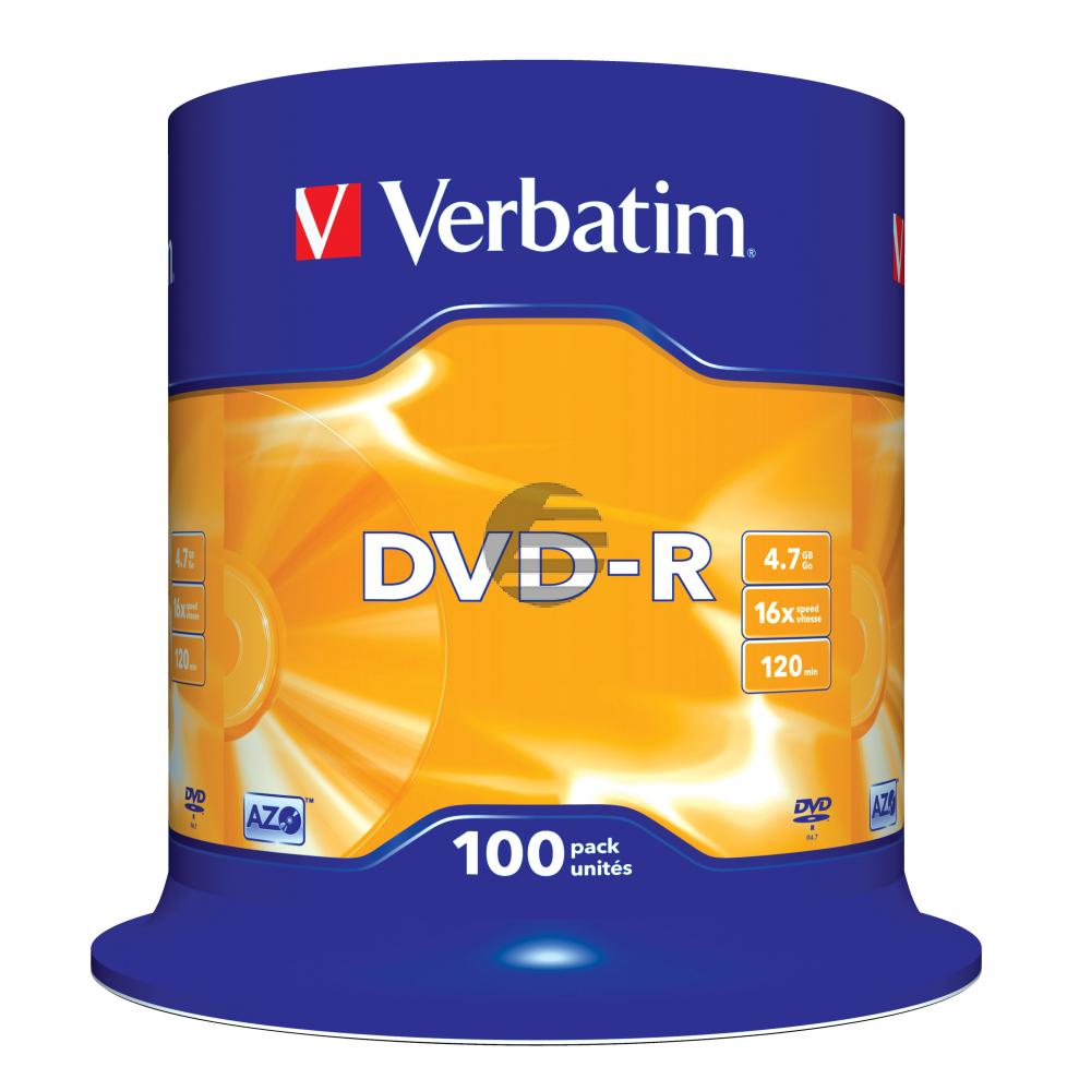 VERBATIM DVD-R 4.7GB 16x (100) CB 43549 Cake Box matt silber