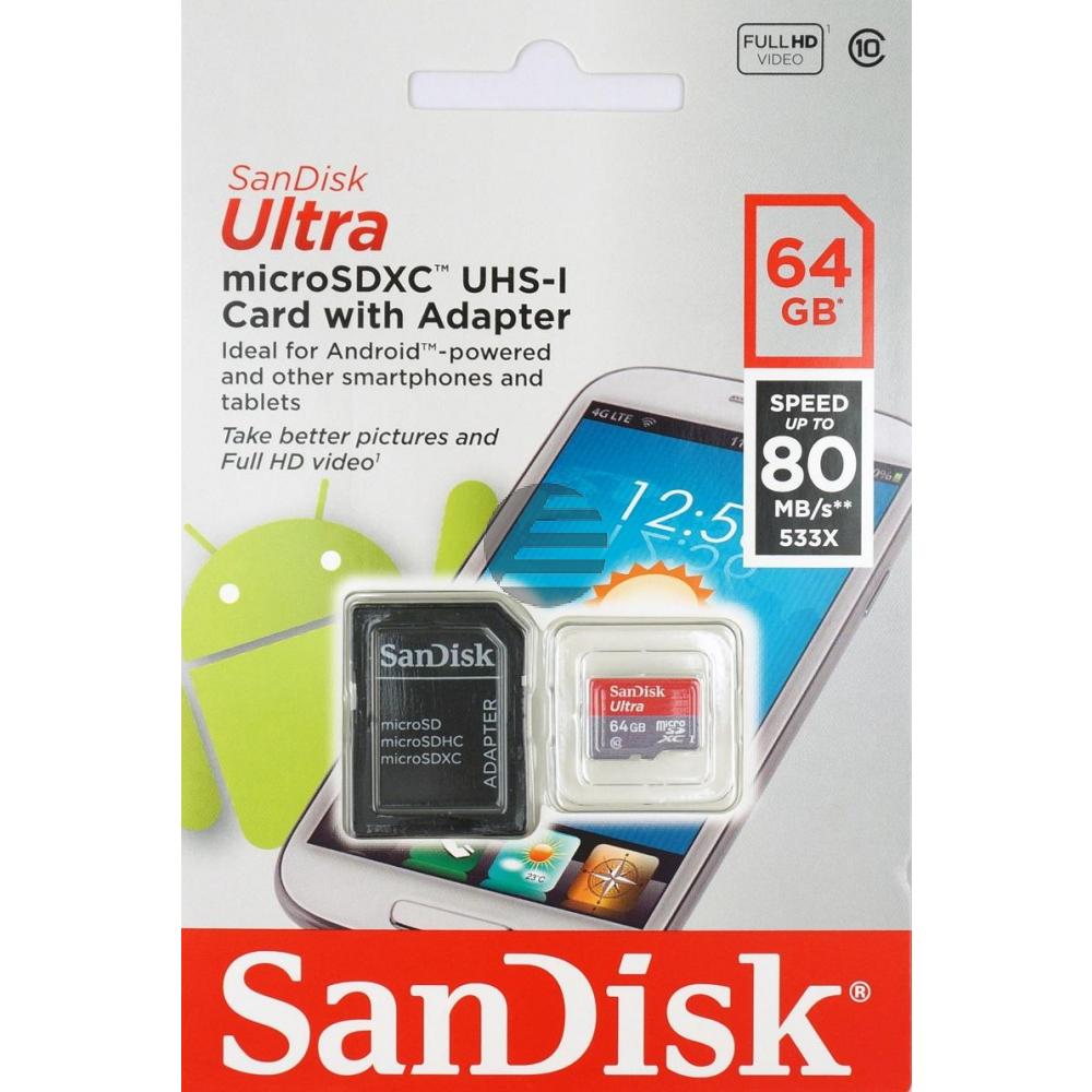 SANDISK ULTRA MICRO SDXC UHS-I KARTE 64G SDSQUNC064GGN6MA mit Adapter