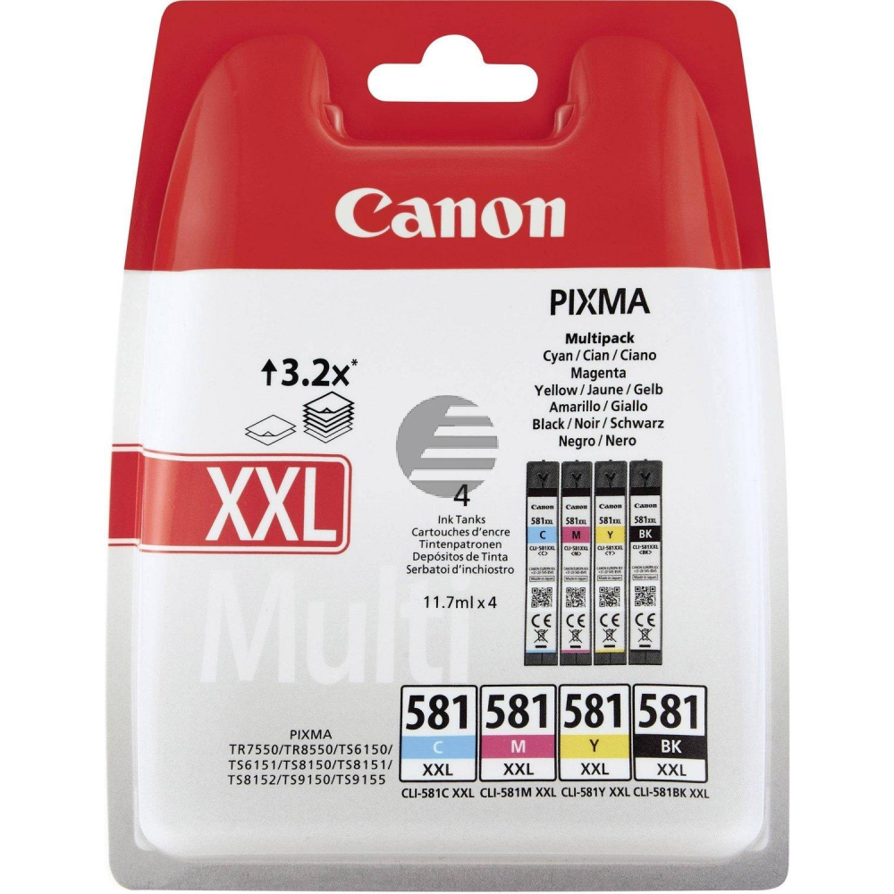 Canon Tintenpatrone gelb, magenta, schwarz, cyan (1998C004, CLI-581BKXXL, CLI-581CXXL, CLI-581MXXL, CLI-581YXXL)