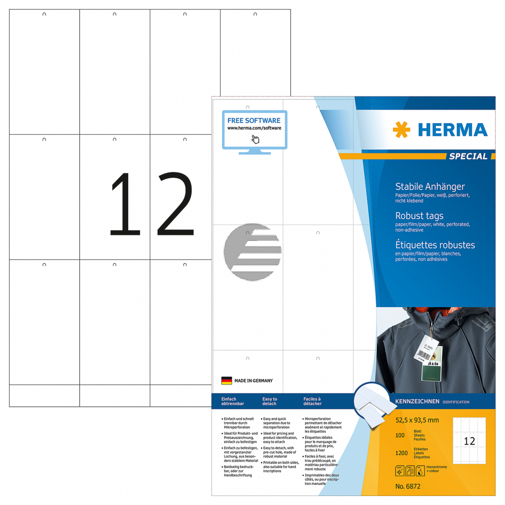 Herma Anhänger A4 weiß stabil 52,5 x 93,5 mm Papier/Fol./Pap. Inh.1200 nicht klebend perforiert