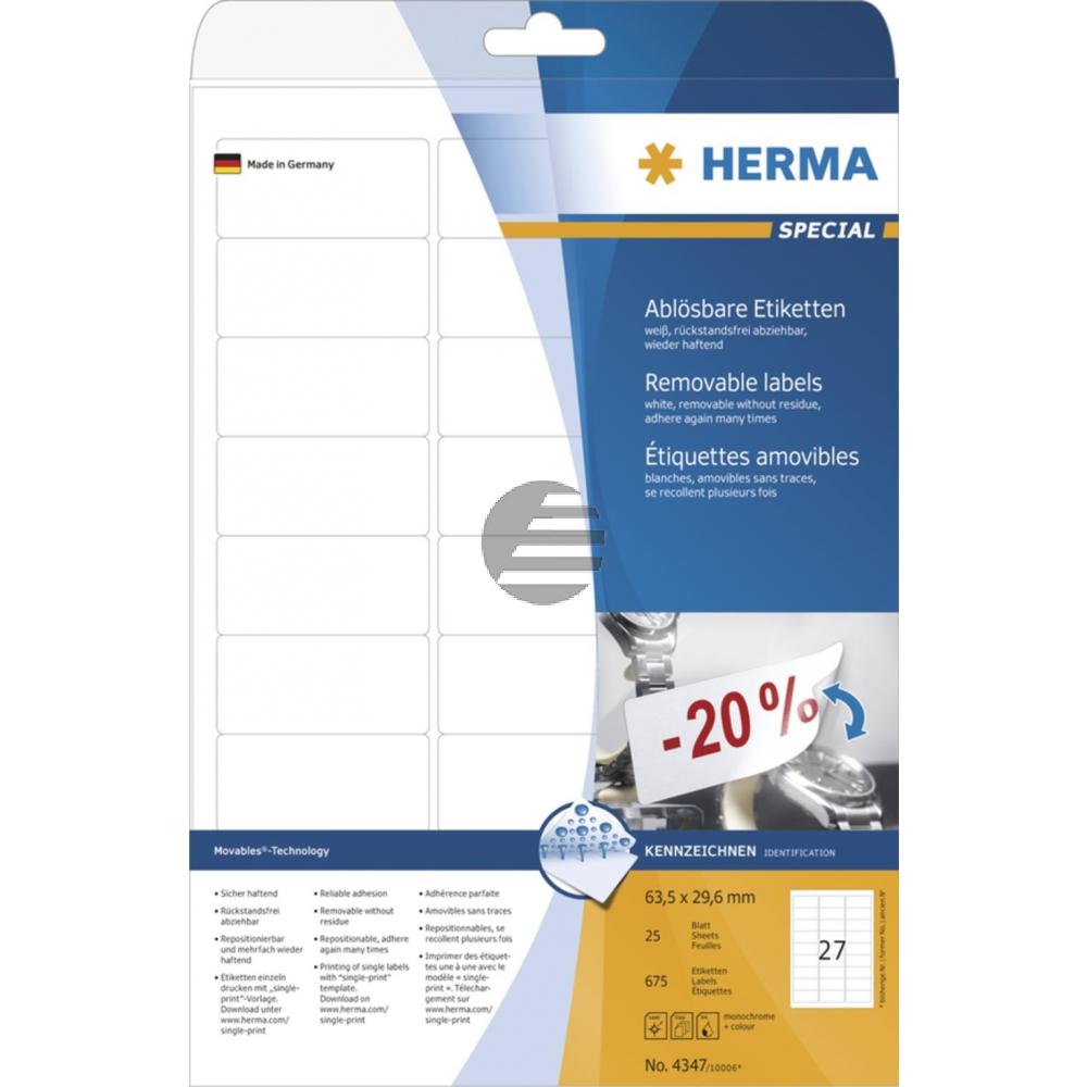 Herma Etiketten A4 weiß 63,5 x 29,6 mm ablösbar Papier Inh.675