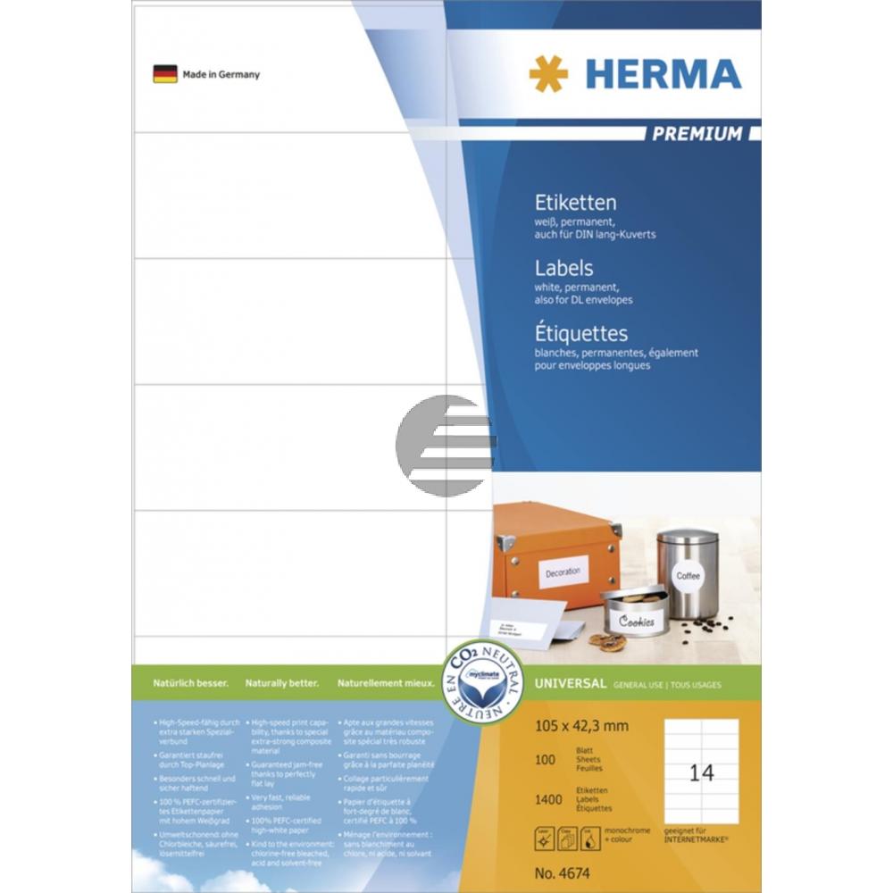 Herma Etiketten A4 weiß 105 x 42,3 mm Papier matt Inh.1400
