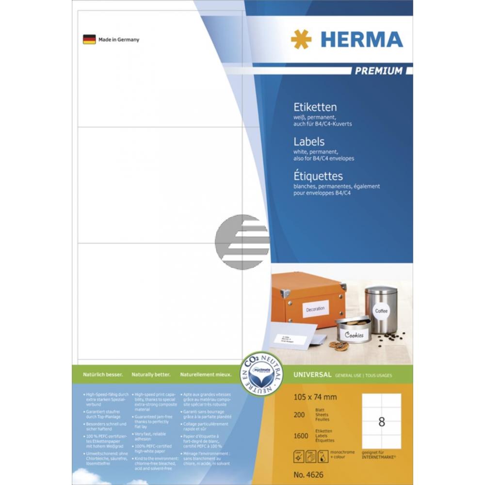 Herma Etiketten A4 weiß 105 x 74 mm Papier matt Inh.1600 Premium