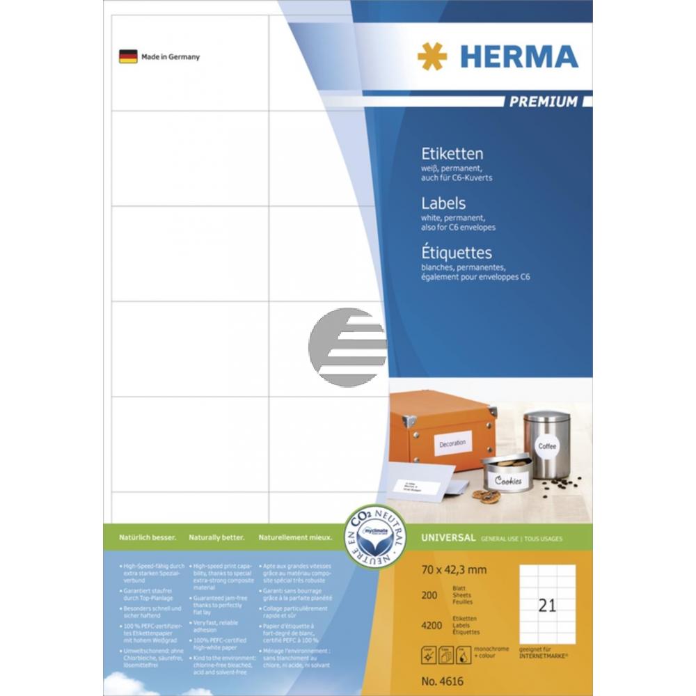 Herma Etiketten A4 weiß 70 x 42,3 mm Papier matt Inh.4200 Premium