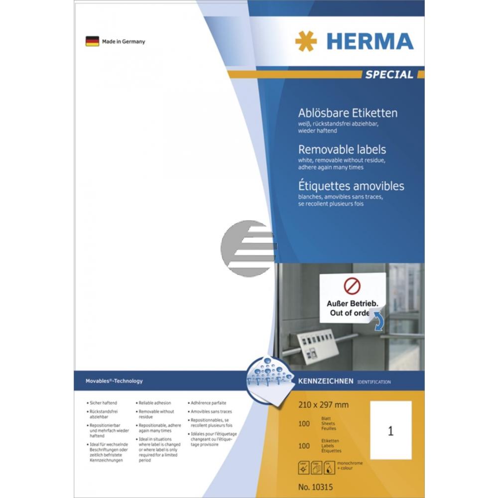 Herma Haftetiketten A4 weiß 210 x 297 mm ablösbar Papier Inh.100