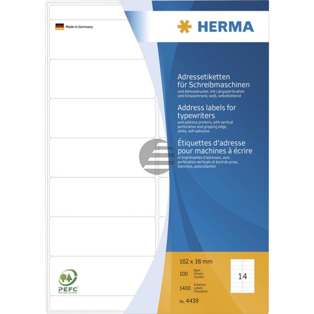 Herma Adressetiketten A4 weiß 102 x 38 mm Papier matt Inh.1400 für Schreibmaschinen