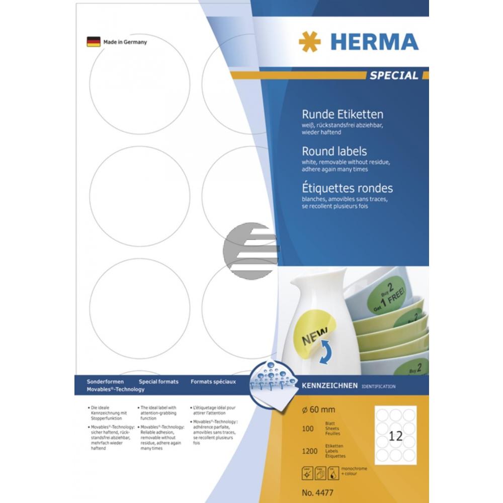 Herma Etiketten A4 weiß rund ø 60 mm ablösbar Papier Inh.1200