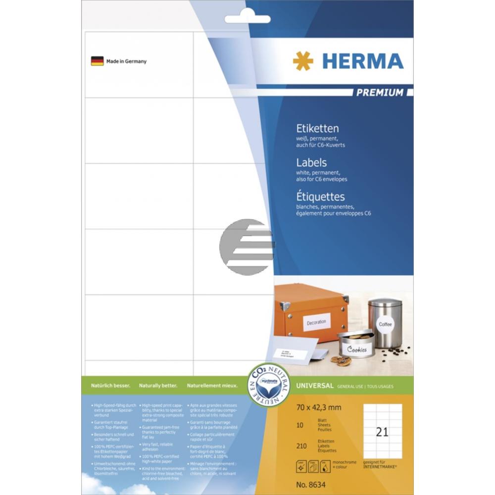 Herma Etiketten A4 weiß 70 x 42,3 mm Papier matt Inh.210 Premium