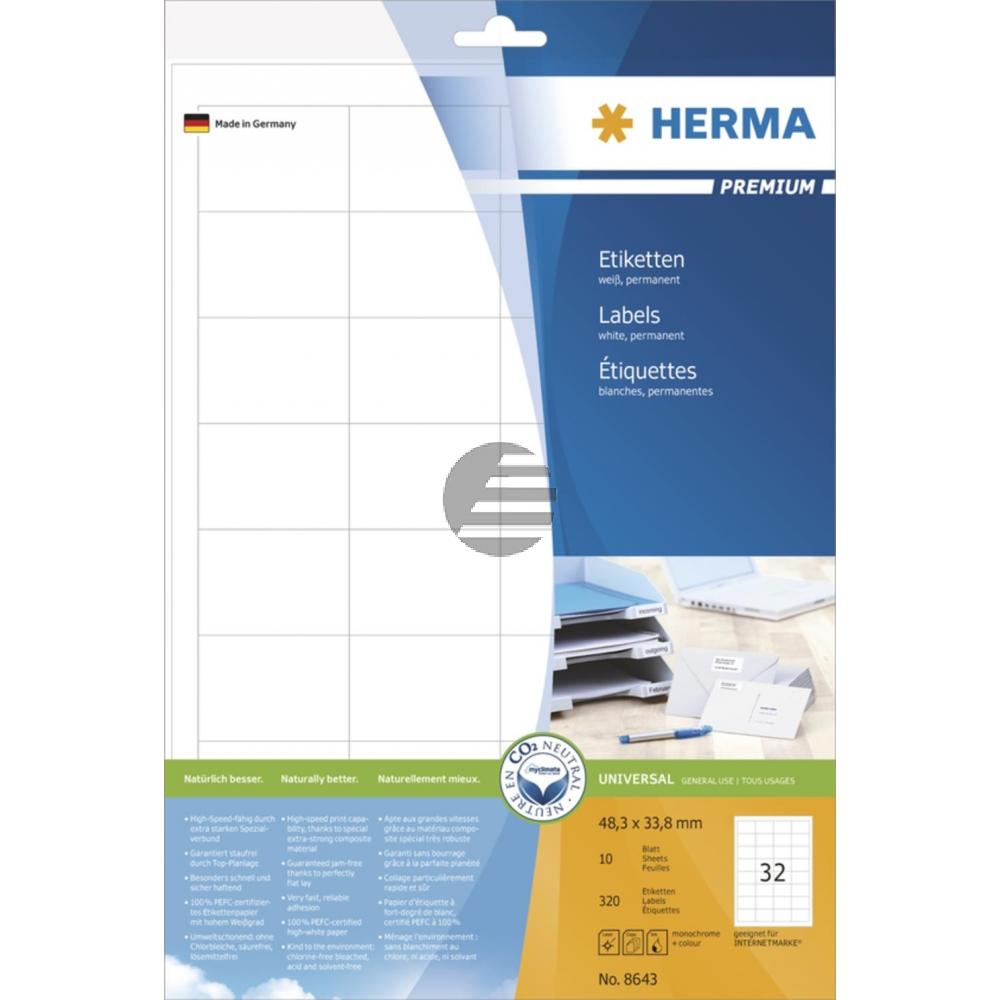 Herma Etiketten A4 weiß 48,3 x 33,8 mm Papier matt Inh.320 Premium