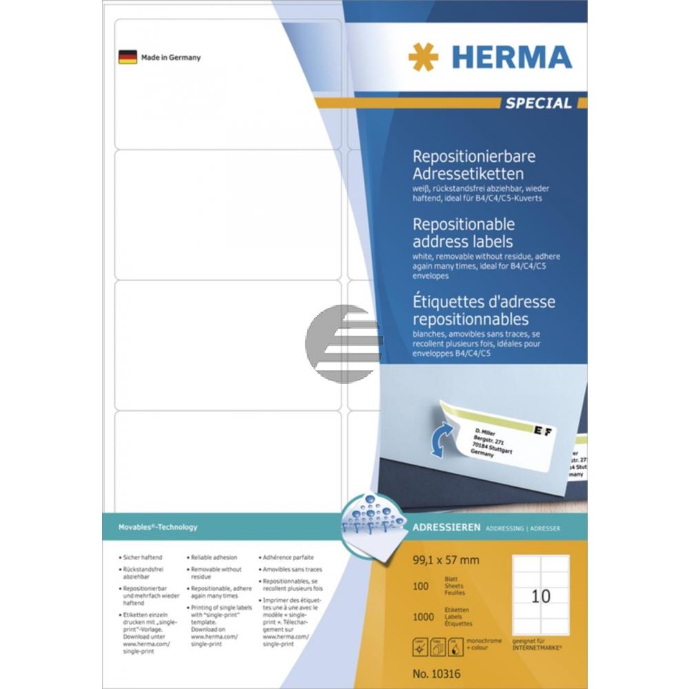 Herma Adressetiketten A4 weiß 99,1 x 57 mm Papier matt Inh.1000 repositionierbar