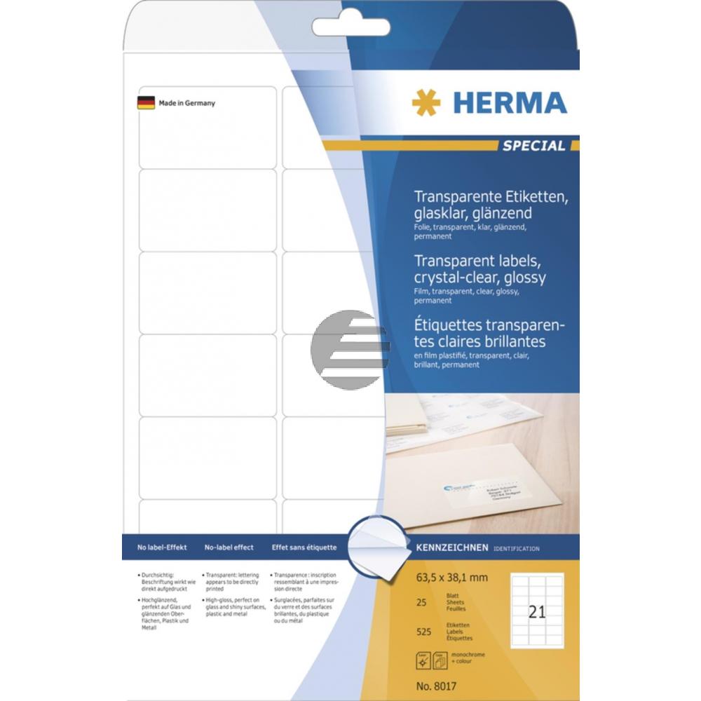 Herma Folien-Etiketten A4 63,5 x 38,1 mm transparent Inh.525 klar glänzend