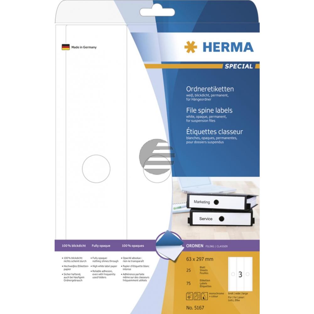 Herma Hängeordneretiketten A4 weiß 63 x 297 mm Papier matt Inh.75 St. blickdicht