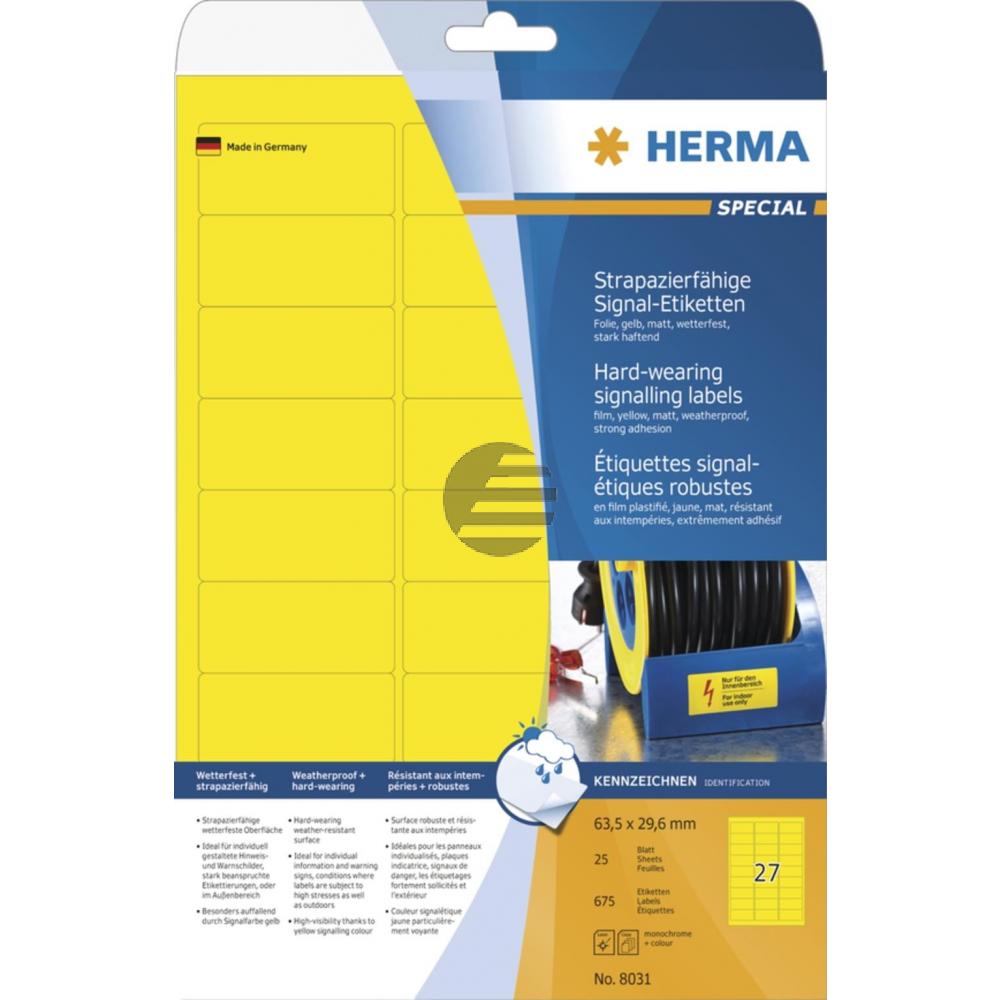 Herma Signal-Etiketten A4 gelb 63,5 x 29,6 mm Folie matt Inh.675 stark haftend wetterfest