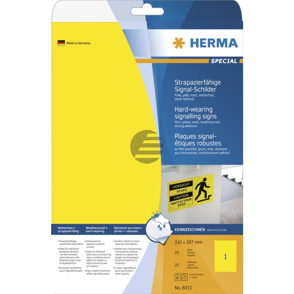 Herma Signal-Schilder A4 gelb 210 x 297 mm Folie matt Inh.25 stark haftend wetterfest