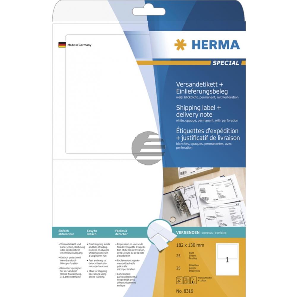 Herma Versandetikett + Einlie- ferungsbeleg A4 weiß 182 x 130 mm Inh.25 Papier matt blickdic ht
