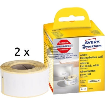 AVERY ZW. Adress-Etiketten 89x28mm AS0722370 weiss, Rolle 2x130 Stück