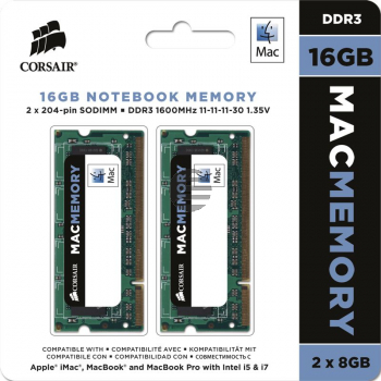 DDR3 1600Mhz 16GB 2X204 SODIMM 2x 8GB DDR3L, S0-DIMM, 1.35V, 204-pin Memory kit for Apple (CMSA16GX3M2A1600C11)