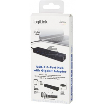 LogiLink USB-C 3.1 Hub, 3-Ports + Gigabit Adapter, schwarz
