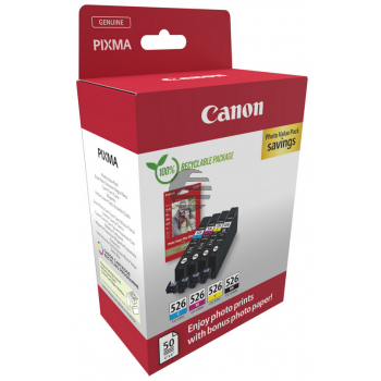 Canon Tintenpatrone + Papier gelb, magenta, schwarz, cyan (4540B019, CLI-526BK, CLI-526C, CLI-526M, CLI-526Y)