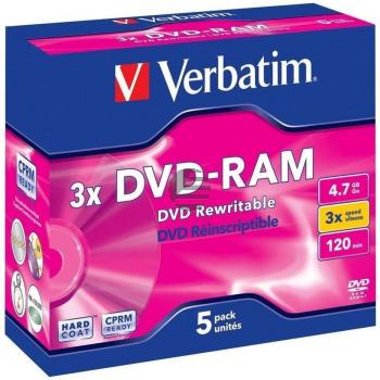 VERBATIM DVD RAM 4.7GB 3x (5) JC 43450 Jewel Case wiederbeschreibbar