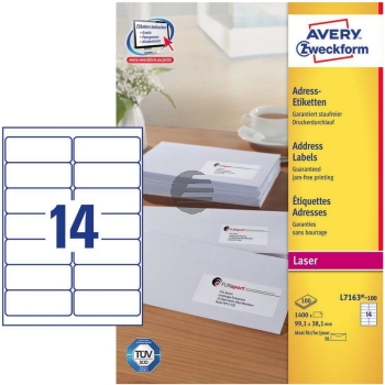 AZ Etiketten L7163-100 Laseretiketten Quickpeel weiß Inh.1400 99,1 x 38,1 mm Avery Zweckform AZ Etiketten L7163-100 Laseretiketten Quickpeel weiß Inh.1400 99,1 x 38,1 mm Avery Zweckform
